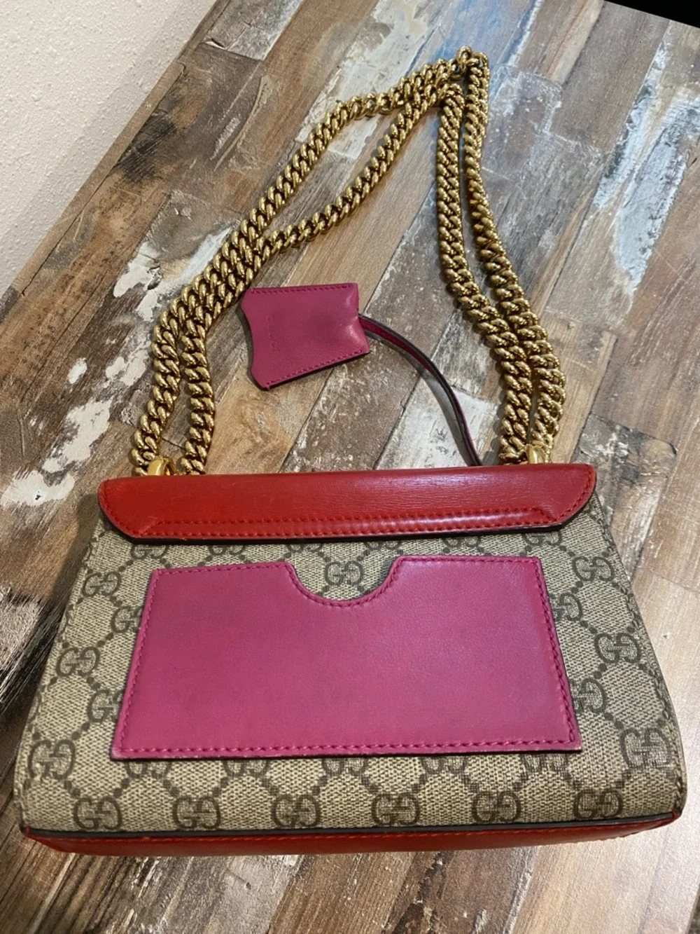Gucci Red Leather Top Flap GG Canvas Chain Shoulder Bag - Picture 6 of 16